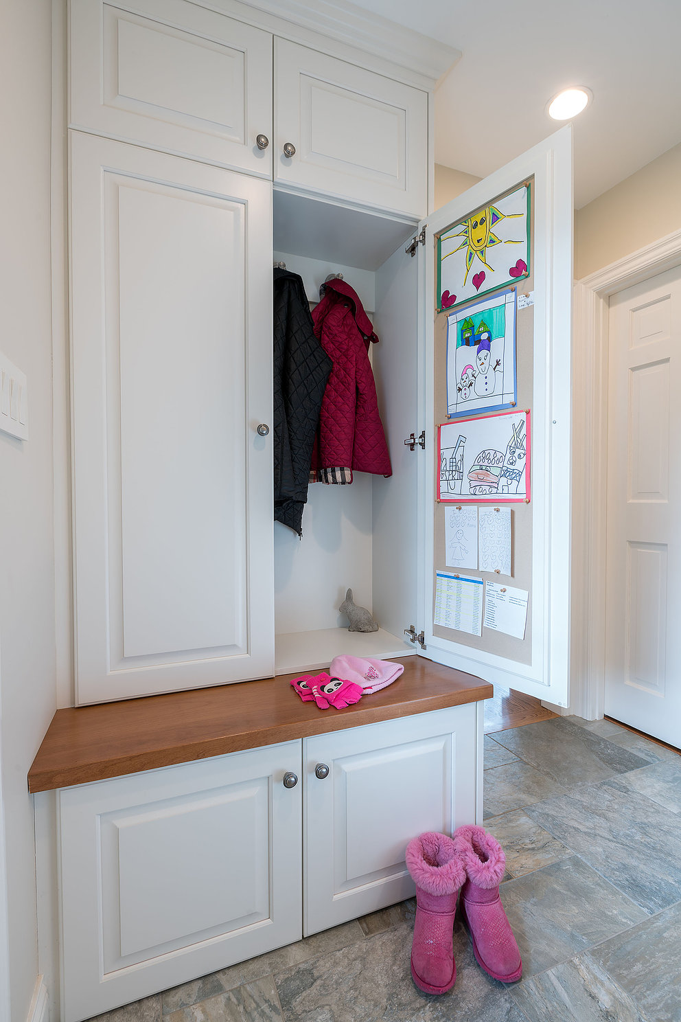 custom mudroom storage and bench in dover, massachusetts