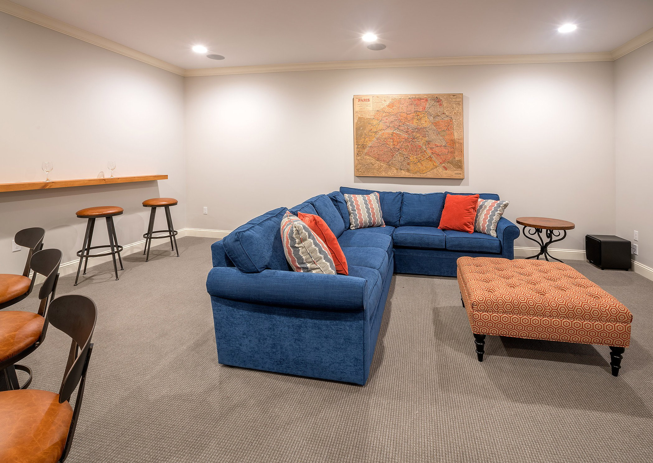 basement lounge remodel in medfield, massachusetts