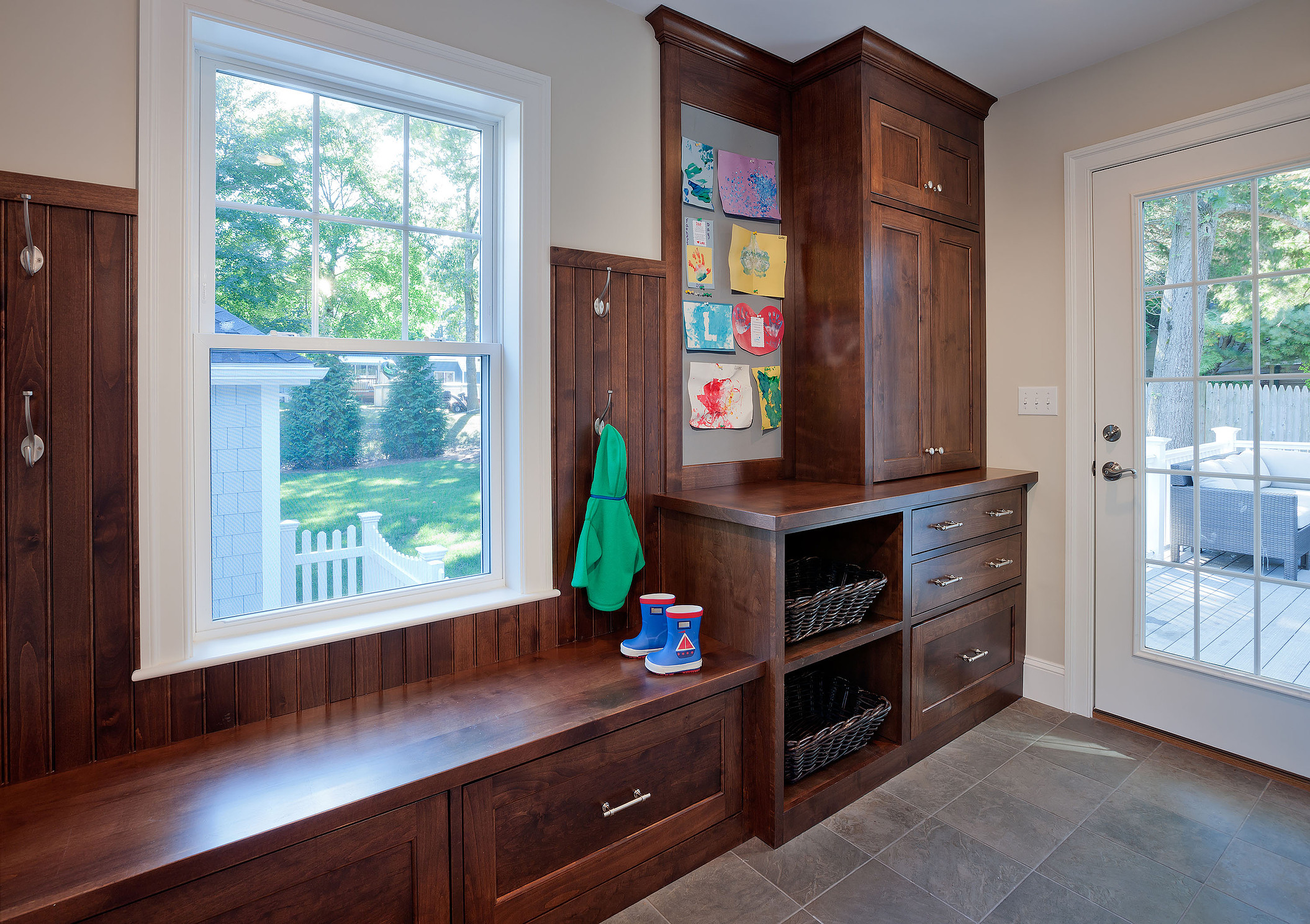 custom mudroom storage and bench in westwood, massachusetts