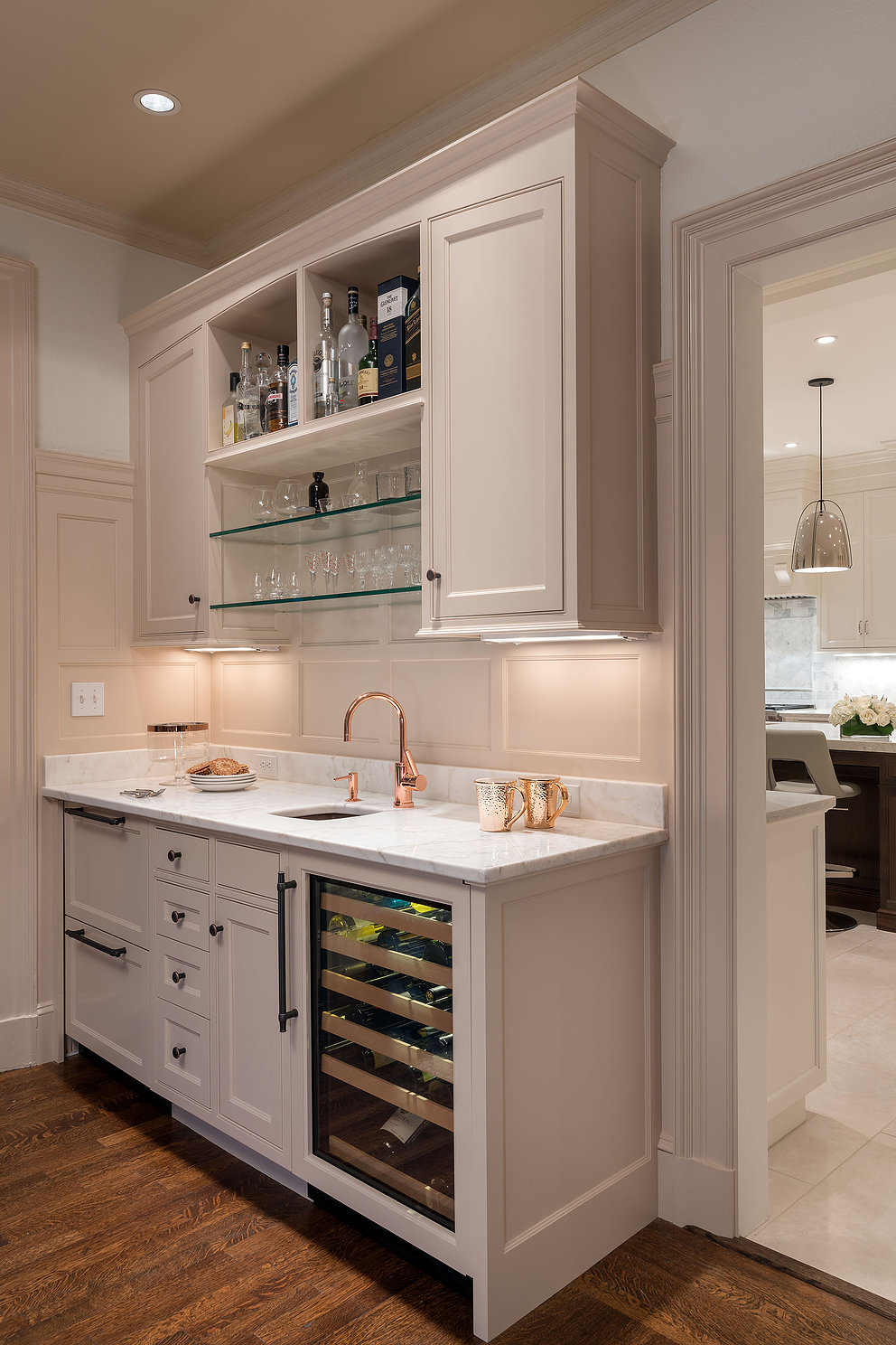 wet bar area and kitchen entry in brookline, massachusetts