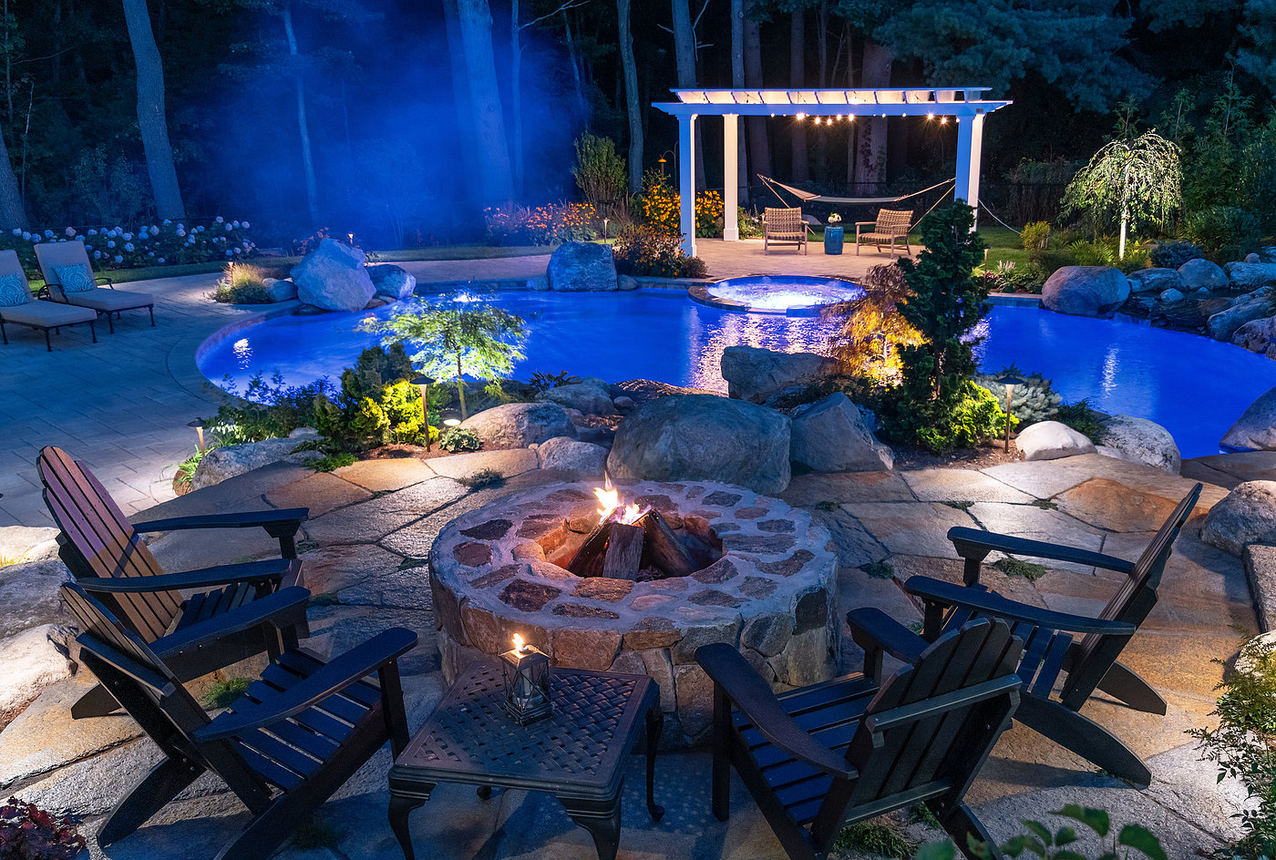 Fire Pit and Pool at Night